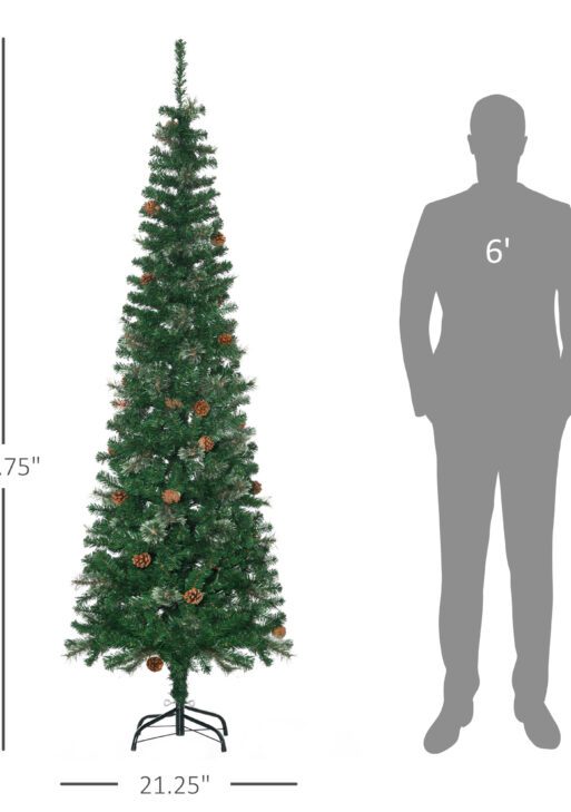 6.5 Foot Pencil Artificial Christmas Tree, Slim Pine Needles Xmas Tree with Realistic Branches, Pine Cones, Metal Base, Green