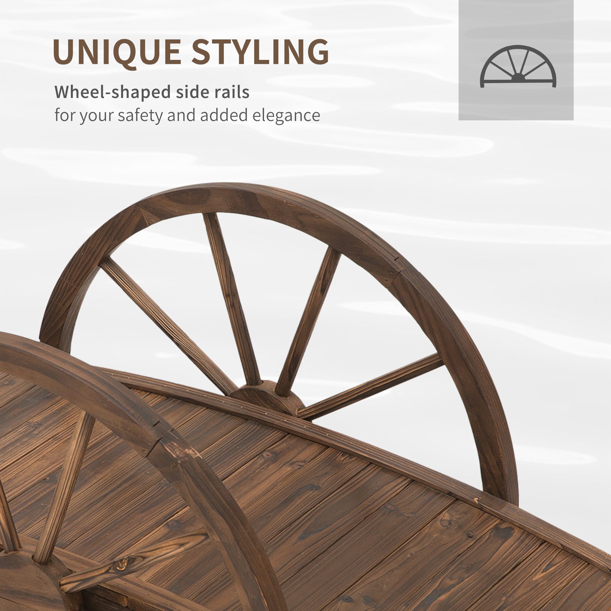 3.3ft Wooden Garden Bridge Arc Footbridge with Half-Wheel Style Railings & Solid Fir Construction, Stained Wood - Image 2