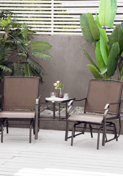 Outdoor Glider Chairs with Coffee Table, Patio 2-Seat Rocking Chair Swing Loveseat with Breathable Sling for Backyard, Garden, and Porch, Coffee Brown