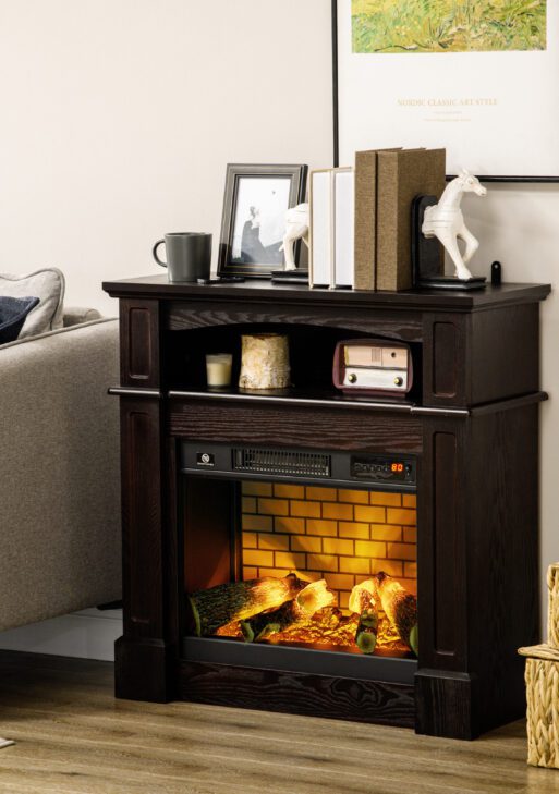 32" Electric Fireplace with Mantel, Freestanding Heater with LED Log Flame, Shelf and Remote Control, 1400W, Brown