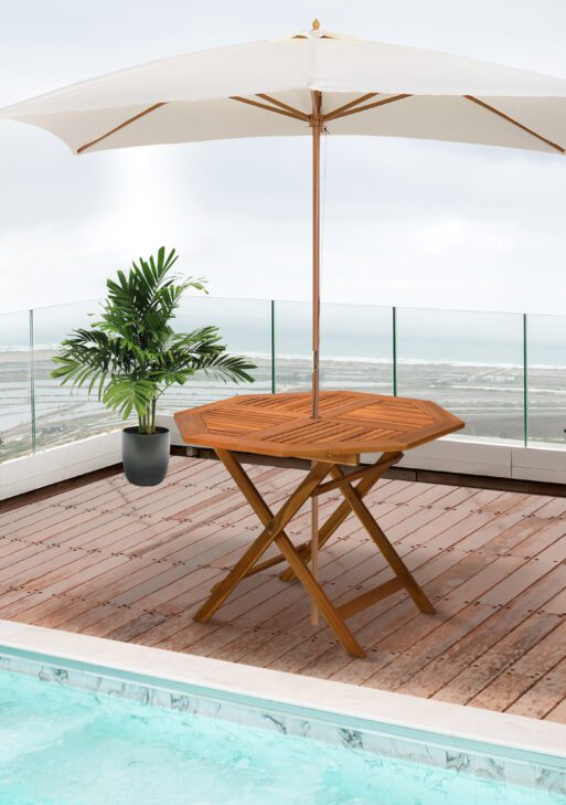 39" Acacia Wood Outdoor Dining Table, Octagon Patio Table with Umbrella Hole, Teak