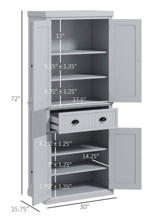 72" Traditional Kitchen Pantry Cabinet, Freestanding Tall Storage Cabinet with 4 Doors, Drawer and 3 Adjustable Shelves for Dining Room, Gray