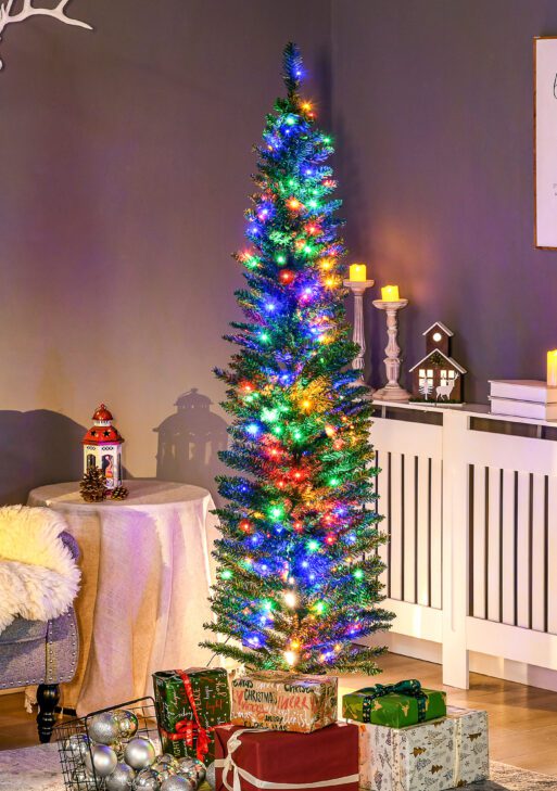 6' Artificial Pencil Christmas Trees Holiday Decoration with Colorful LED Lights, Steel Base, Skinny Shape