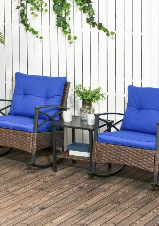 3 Piece Patio Rocking Chair Set, Outdoor Wicker Bistro Set with 2 Oversize Cushioned Porch Rockers and 2 Tier Coffee Table for Garden, Porch, Backyard, Blue