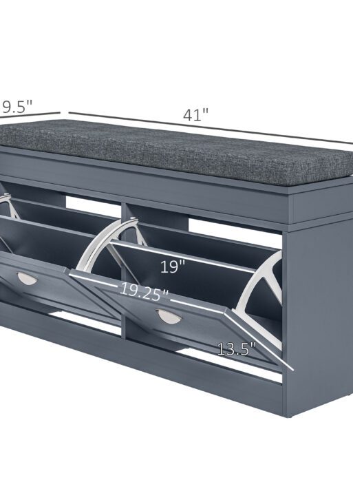 Modern Shoe Storage Bench, Entry Way Bench with Cushion, 2 Drawers, Storage Ottoman Bench, Holds 8 Pairs, Gray