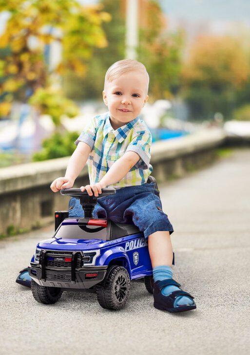 Kids Push Ride On Car with Working PA System and Horn, Police Truck Style Foot-to-Floor Sliding Car for Boys and Girls with Under-Seat Storage, for 18 Months to 5 Years Old, Blue