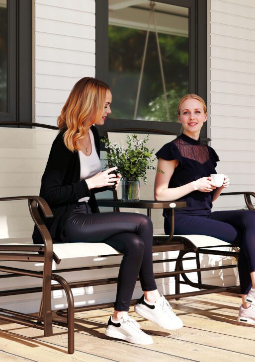 Outdoor Glider Bench with Center Table, Metal Frame Patio Loveseat with Breathable Mesh Fabric and Armrests for Backyard Garden Porch, Beige