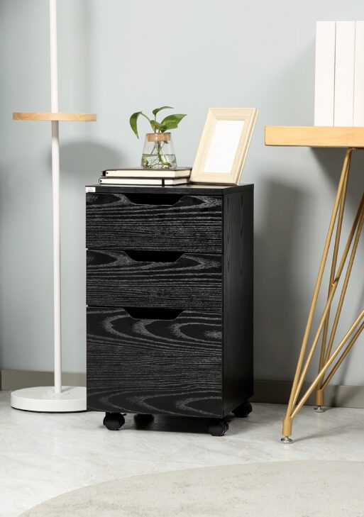 3 Drawer Mobile File Cabinet, Rolling Printer Stand, Vertical Filing Cabinet, Black Wood Grain