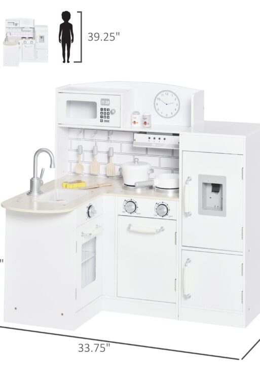 Corner Kids Kitchen Playset, Wooden Pretend Toy Kitchen Set with Drinking Fountain, Microwave, Fridge and Accessories, Pretend Play Kitchen for 3+ Years, White