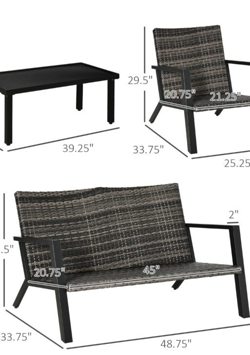 4 Piece Patio Furniture Set, 2 PE Wicker Chairs, Loveseat Sofa, Outdoor Coffee Table, Soft Cushions, Couch & Armchairs for Backyard, Garden, Black