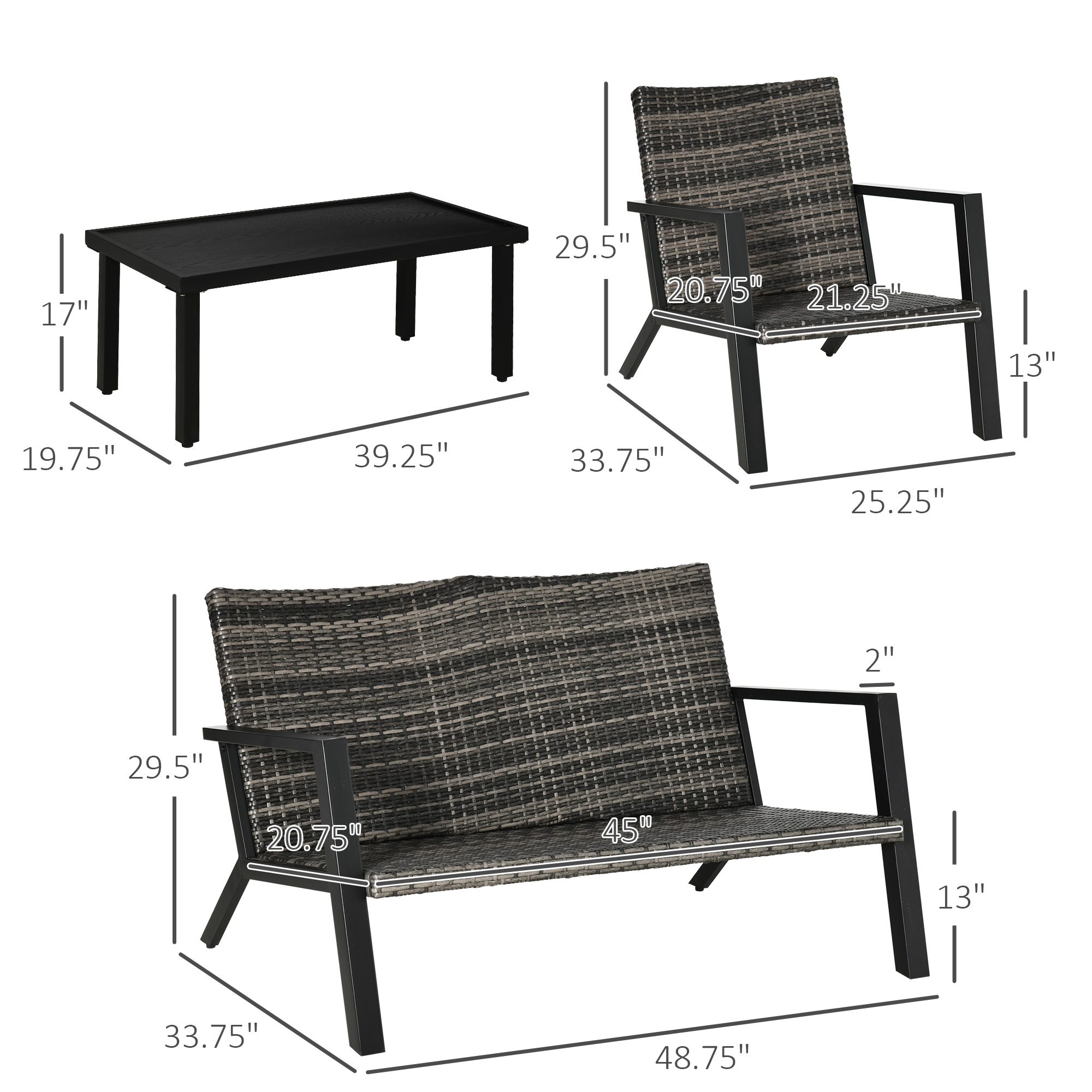 4 Piece Patio Furniture Set, 2 PE Wicker Chairs, Loveseat Sofa, Outdoor Coffee Table, Soft Cushions, Couch & Armchairs for Backyard, Garden, Black - Image 1