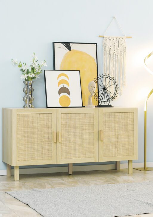 Boho Kitchen Cabinet, Buffet Cabinet with 3 Rattan Doors and Adjustable Shelves for Dining Room, Natural