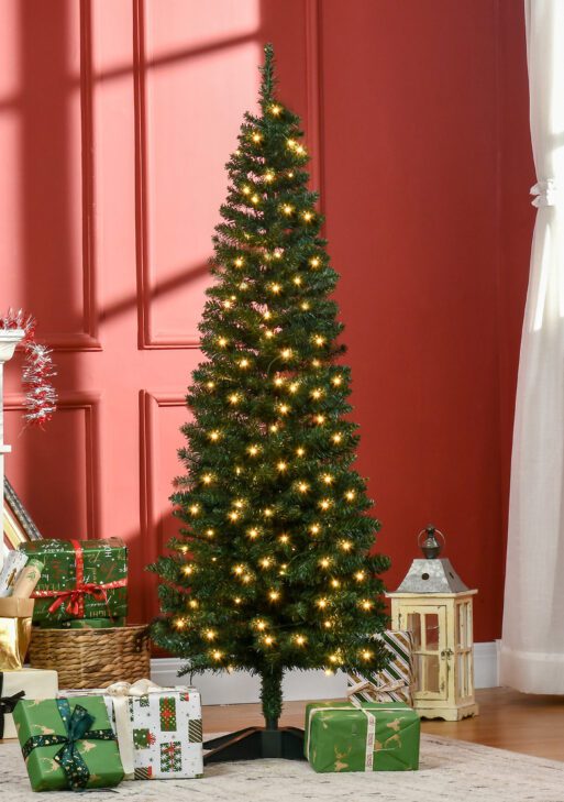 5' Tall Pre-Lit Slim Noble Fir Artificial Pencil Christmas Tree with Realistic Branches, 110 Warm White LED Lights and 294 Tips, Green