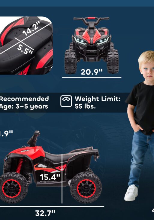 12V Kids ATV Quad Car with Forward & Backward Function, Four Wheeler for Kids with Wear-Resistant Wheels, Music, Electric Ride-on ATV for Toddlers Ages 3+ Years Old, Red