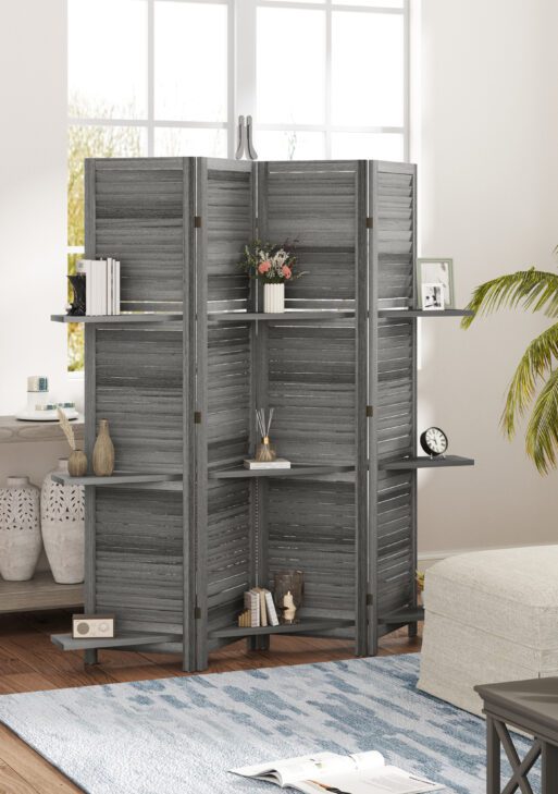 4 Panel 67" Tall Wood Privacy Screen Room Divider with 3 Shelves and Folding Storage for Bedroom, Gray