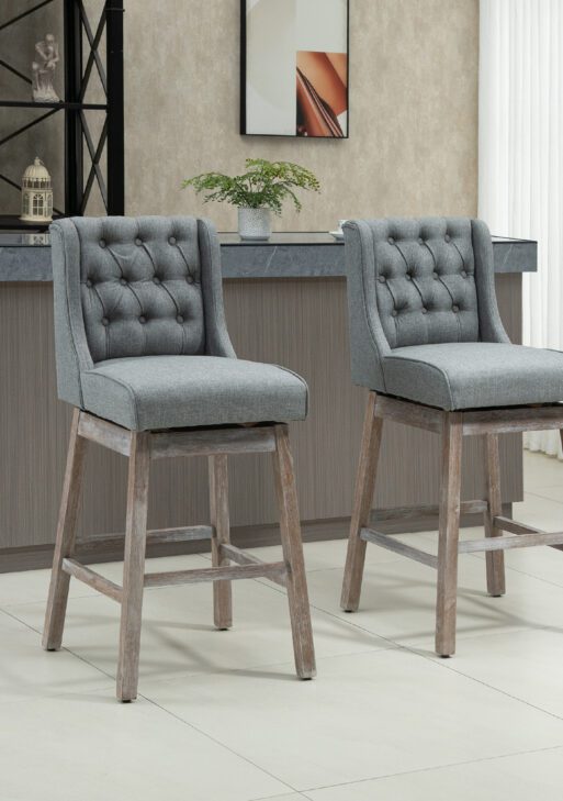 Bar Height Bar Stools Set of 2, 180 Degree Swivel Barstools with Solid Wood Footrests and Button Tufted Design, 30" Seat Height Bar Chairs for Kitchen Island, Gray