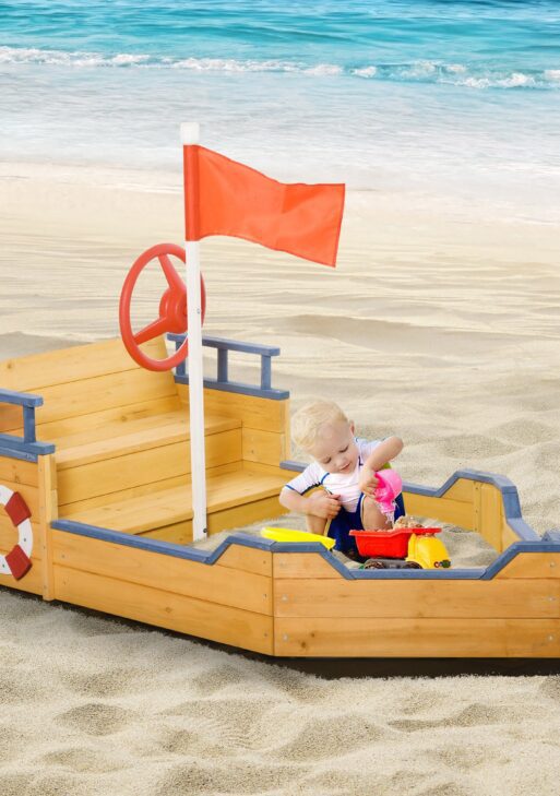 Kids Wooden Sandbox Pirate Ship Sandboat w/ Bench Seat Storage Space Ceder Wood