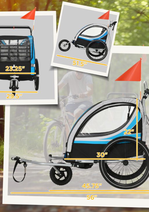 3-in-1 Bike Trailer for Kids, Running Stroller with 2 Seats, Jogging Cart with 5-Point Harness, Storage Units, Blue