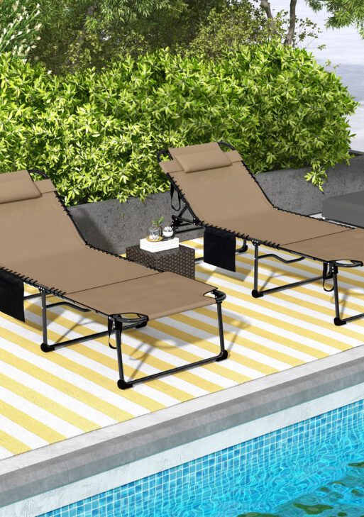 2 Piece Folding Chaise Lounge Pool Chairs with 5-level Reclining Back, Reading Hole, Side Pocket, Beige