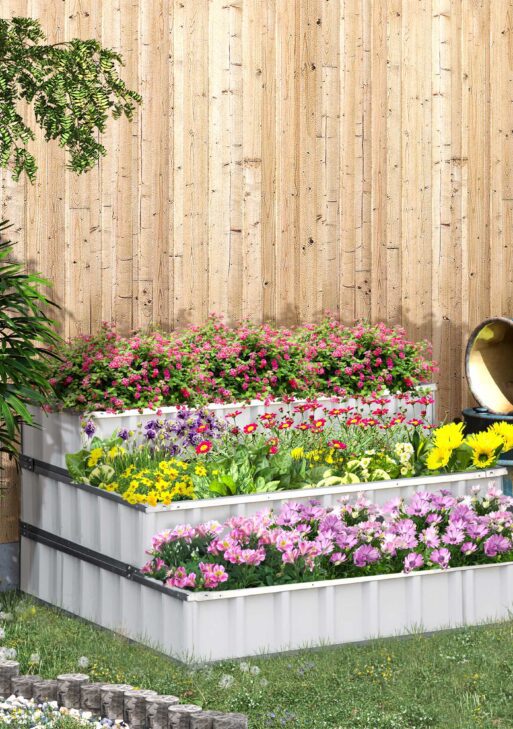 3 Tier Raised Garden Bed Outdoor Metal Patio Planter Box with Gloves, 4' x 4' x 2' for Backyard, Patio to Grow Vegetables, Herbs, and Flowers, White