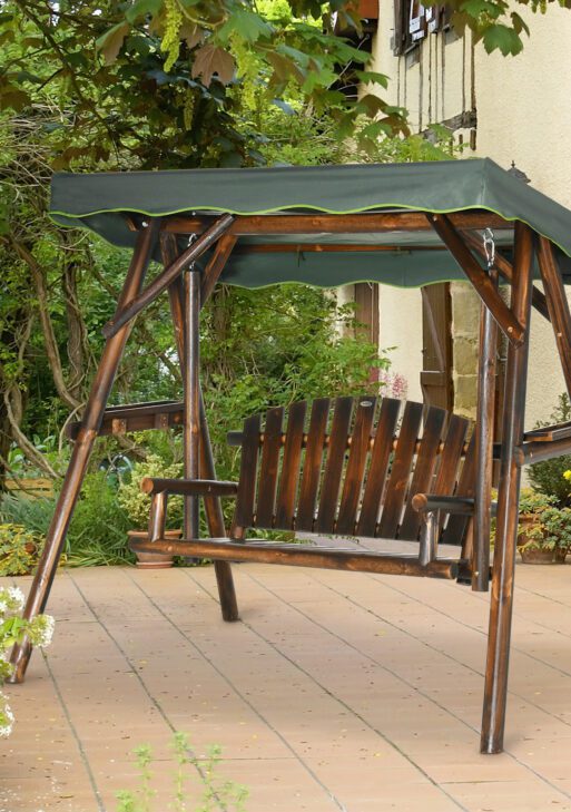 2-Person Patio Swing Chair, Outdoor Hanging Wooden Porch Bench Loveseat w/ Adjustable Canopy and Side Trays for Garden, Poolside, Backyard