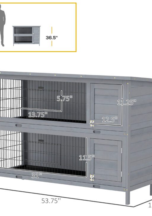 54" 2-Story Large Rabbit Hutch Bunny Cage Wooden Pet House Small Animal Habitat with Lockable Doors, No Leak Tray and waterproof Roof for Rabbits, Chickens, Ducks, Outdoor/Indoor Gray
