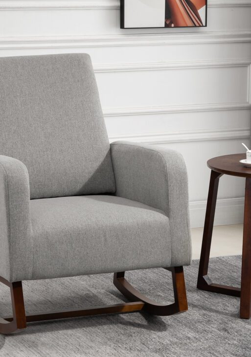 Accent Lounge Rocking Chair with Solid Curved Wood Base and Linen Padded Seat, Grey
