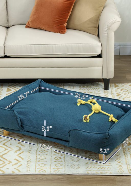 Raised Dog Couch with Comfortable Cushion, Pine Wood Legs, Foot Pads for Large-Sized Dogs Indoor Use, Dark Blue
