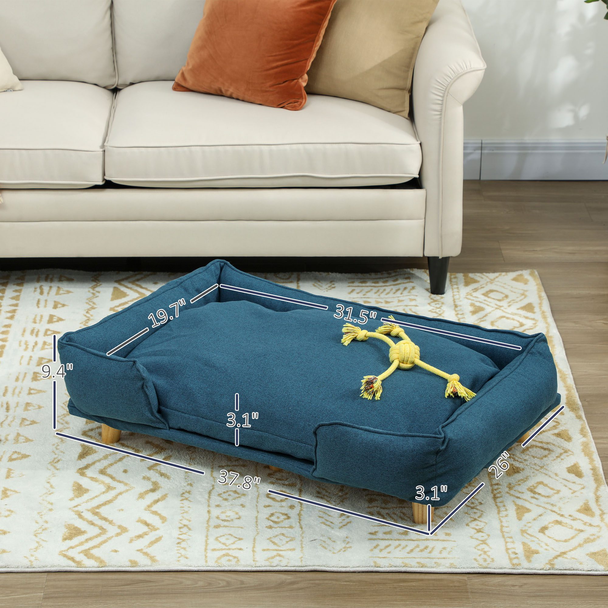 Raised Dog Couch with Comfortable Cushion, Pine Wood Legs, Foot Pads for Large-Sized Dogs Indoor Use, Dark Blue - Image 1