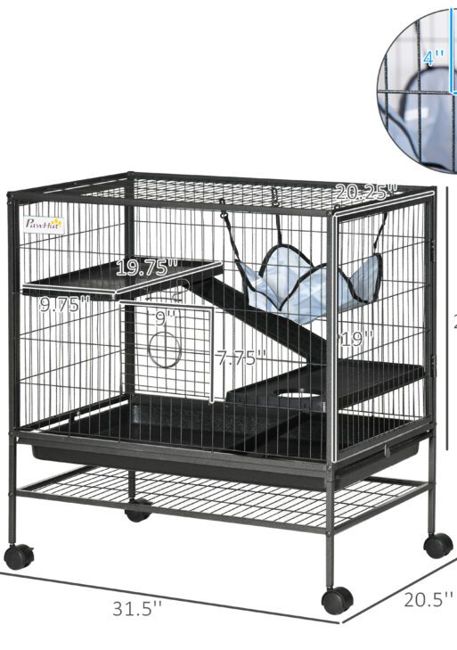 Small Animal Cage with Wheels, Pet Playpen for Rat, Syrian Hamster, Kitten, Ferrets, Chinchillas with Bottom Storage Shelf, Removable Tray, Ramp, 31.5" x 20.5" x 33.1"