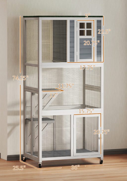 74" Wooden Catio Outdoor Cat Enclosure Weatherproof & Wheeled, Outside Cat House with High Weight Capacity, Kitten Cage Condo, White