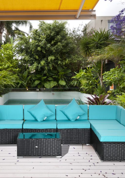 7-Piece Patio Furniture Set, Outdoor Wicker Conversation Set, All Weather PE Rattan Sectional Sofa Set with Cushions and Tempered Glass Top Coffee Table, Pillows, Turquoise