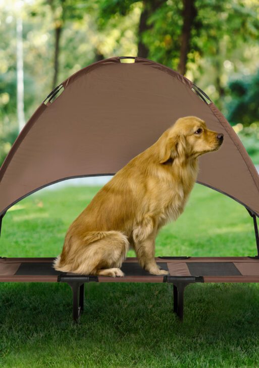 48" x 36" Elevated Portable Dog Cot Cooling Pet Bed with UV Protection Canopy Shade, Coffee