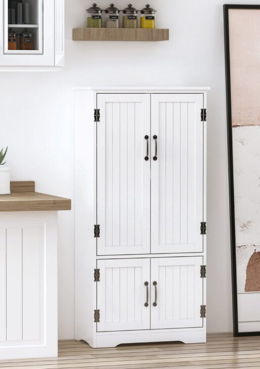 Accent Floor Storage Cabinet Kitchen Pantry with Adjustable Shelves and 2 Lower Doors, White