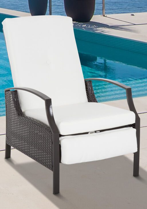 Outdoor Recliner Chair, Reclining Patio Lounge Chair with Comfy Cushions, Footrest, Armrests, PE Wicker for Balcony, Porch, Dark Brown, Cream White