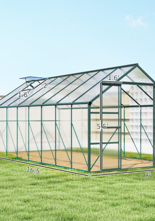 16' x 8' Aluminum Greenhouse Polycarbonate Walk-in Garden Greenhouse Kit with Adjustable Roof Vent, Rain Gutter and Sliding Door for Winter, Clear