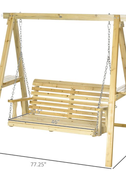 2-Seat orch Swing with Stand, Wooden Patio Swing Chair with Side Tables and Metal Chains, Outdoor Hanging Bench for Garden, Poolside, Backyard, Natural Wood