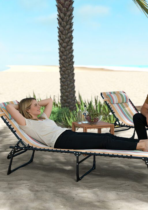 Folding Chaise Lounge Pool Chair with 4-Position Reclining Back, Pillow, Breathable Mesh & Bungee Seat, Rainbow Striped
