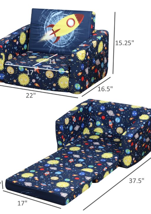 Kids Fold-Out Couch/Chair Lounger with Space-Themed Washable Fabric & Removable Cushion for 3-6 Years Old, Blue