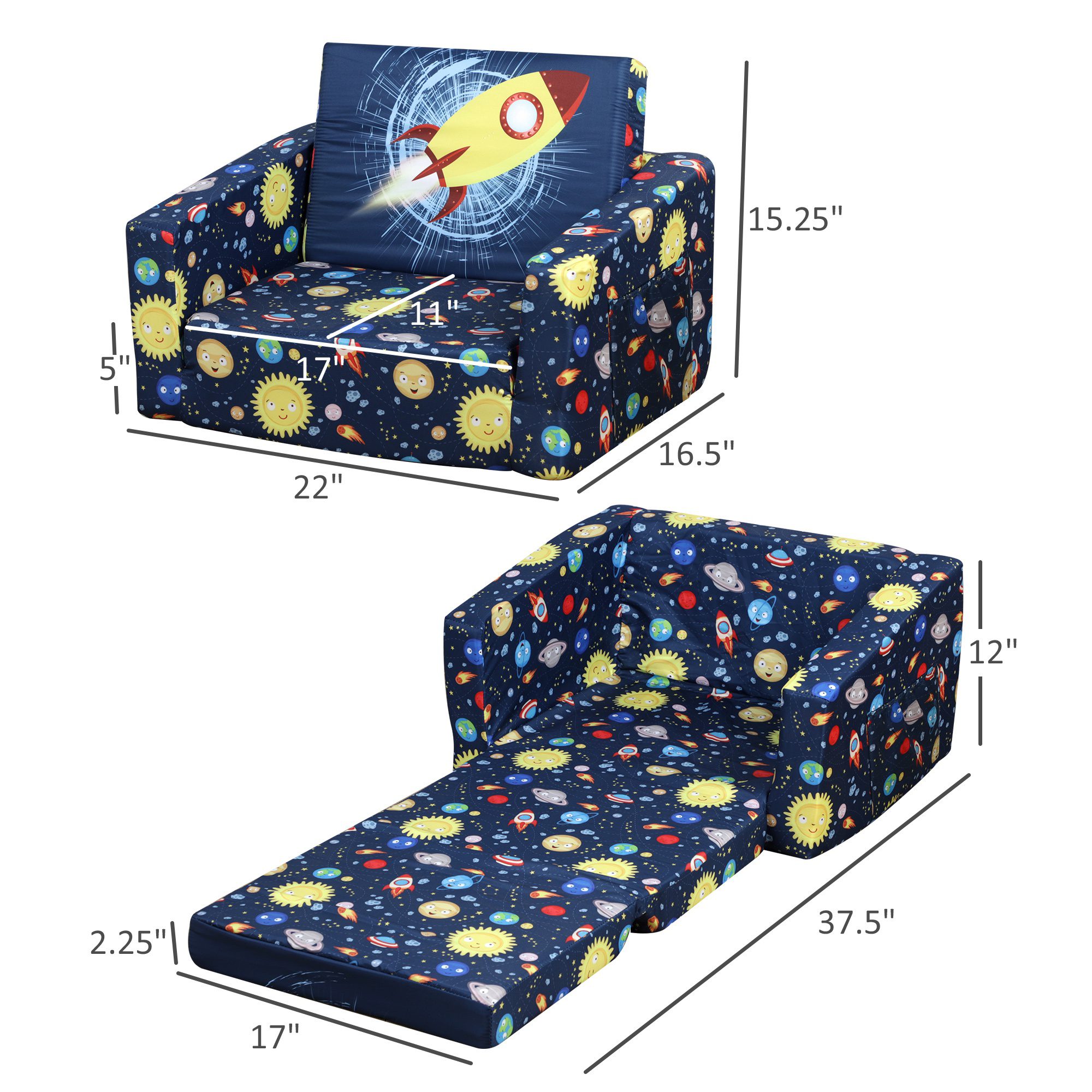Kids Fold-Out Couch/Chair Lounger with Space-Themed Washable Fabric & Removable Cushion for 3-6 Years Old, Blue - Image 1