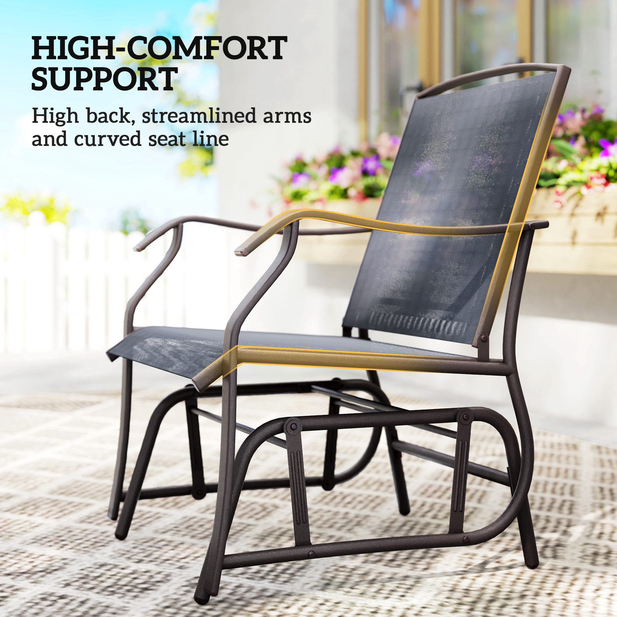 3 Piece Outdoor Glider Chair with Coffee Table Bistro Set, 2 Patio Rocking Swing Chairs with Breathable Sling Fabric, Glass Tabletop, for Backyard, Garden and Porch, Gray - Image 5
