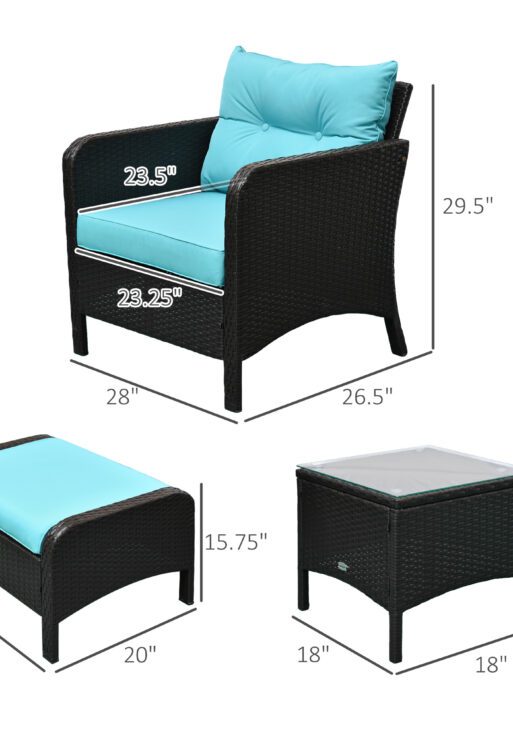 5 Pieces Rattan Wicker Lounge Chair Outdoor Patio Conversation Set with 2 Cushioned Chairs, 2 Ottomans and Tempered Glass Top Coffee Table, Brown/Blue