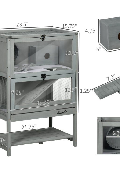 Wooden Hamster Cage with Storage Shelf, Large Rat Mouse Habitat Including Seesaw, Small Animal Cage with Sliding Tray, Wide Ramp for Racing, Running Wheel, 35.5" H