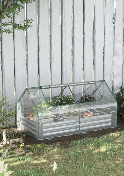 6 x 3 x 1ft Raised Garden Bed with Mini Greenhouse, Galvanized Raised Garden Bed with Cover for Herbs and Vegetables, Small Greenhouse for Patio Garden Balcony, Clear and Silver