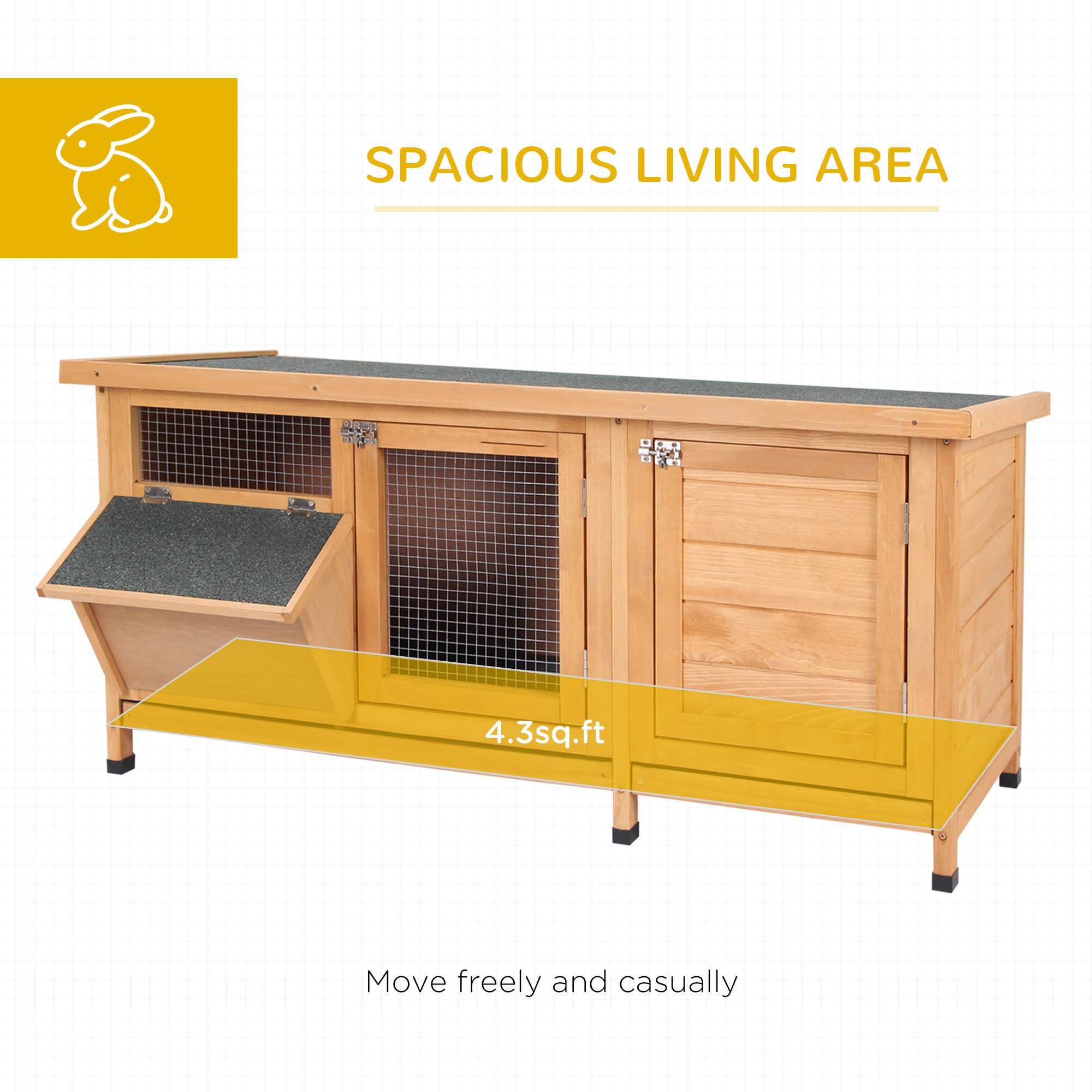 Large Bunny Hutch, Rabbit Cage with 2 Outside Areas and 1 Main House for Small Animals, Yellow - Image 2