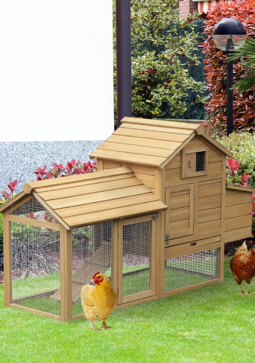 59" Small Wooden Chicken coop Hen House Poultry Cage for Outdoor Backyard with 2 Doors, Nesting Box and Removable Tray, Natural Wood