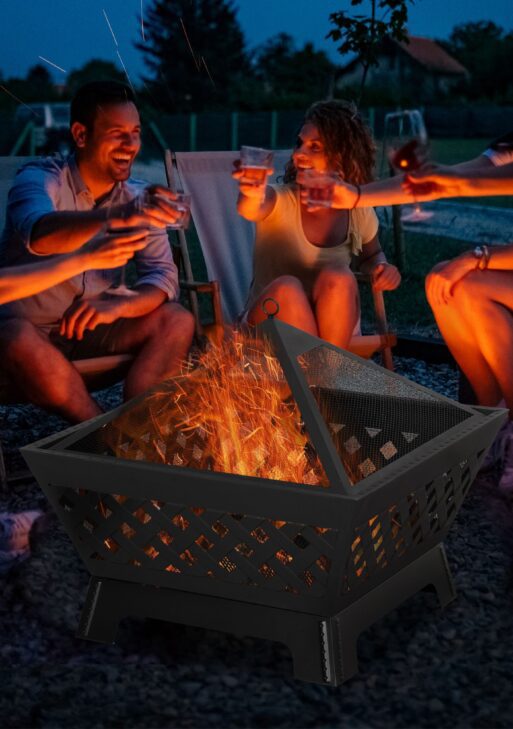26 Inch Outdoor Fire Pits, Bonfire Wood Burning Firepit Bowl, Camping Fire Pit with Spark Screen Cover, Poker for Patio, or Backyard, Black