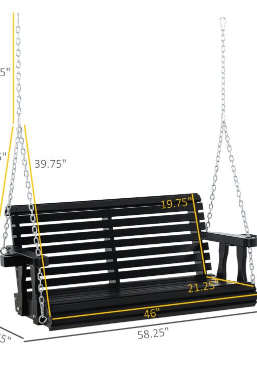 Porch Swing with Chains and Cupholders, 2 Person Wooden Patio Swing Chair, 440 lbs. Weight Capacity, for Garden, Poolside, Backyard, Black