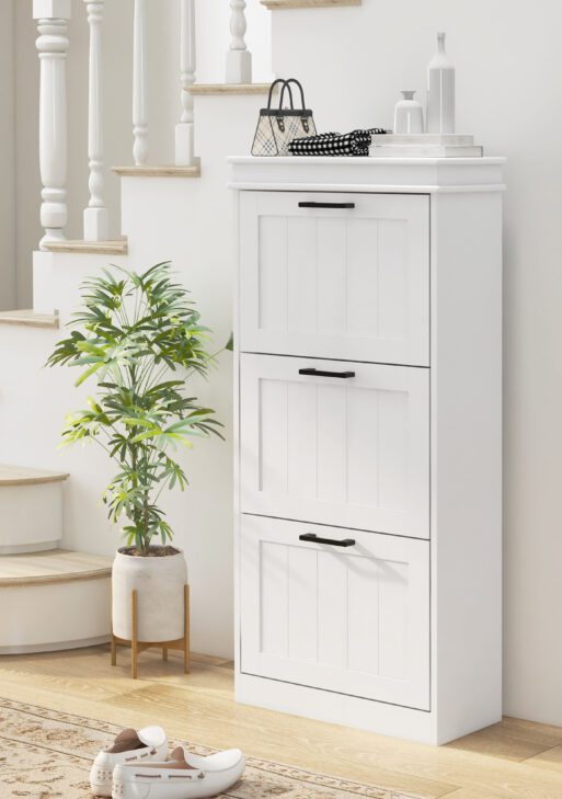 Modern Shoe Storage Cabinet with 3 Flip Drawers for 15 Pairs, Narrow Shoe Organizer for Entryway, Hallway, White