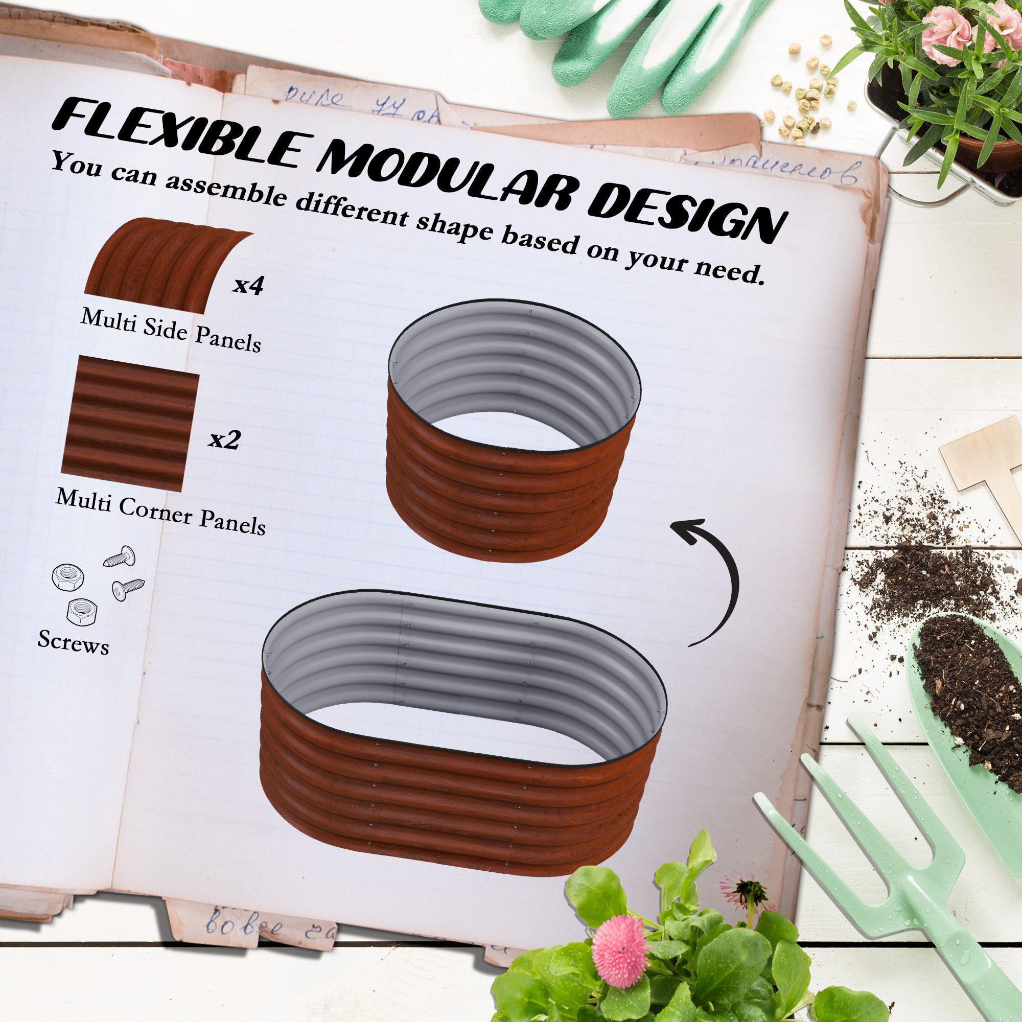 3.4' x 2' x 1.4' Galvanized Raised Garden Bed Kit, Metal Planter Box with Safety Edging, Brown - Image 2